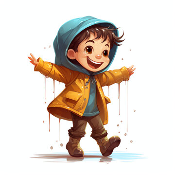 cute boy are playing in the rain