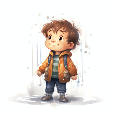 cute boy are playing in the rain