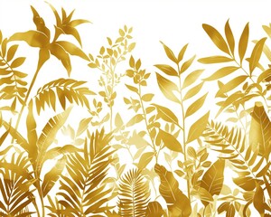Elegant Golden Jungle Illustration - Luxurious White and Gold Tropical Wallpaper Design