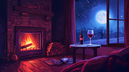 Lo-fi illustration of wine glass on a low table in a livingroom. Moonlight. fireplace.  Drinks.