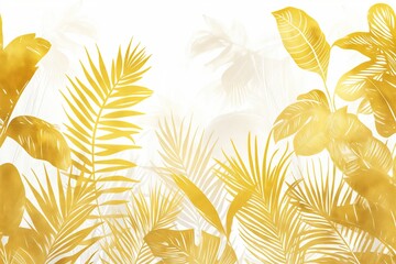Fototapeta na wymiar Golden Jungle Motif - Elegant White and Gold Hand-Drawn Tropical Wallpaper Design
