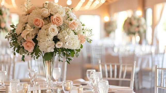 The wedding bouquet on the table is an exquisite and elegant accessory that adds luxury and romance to the wedding space.
