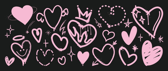 Set of spray paint valentine element vector. Hand drawn graffiti texture style collection of heart in black and pink color. Romance design illustration for print, cartoon, card, decoration, sticker. © TWINS DESIGN STUDIO