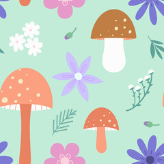 Cottagecore mushroom seamless pattern. Hand drawn brown mushroom and flowers on green background. Children allover raster illustration. Great for fabric or textile printing 
