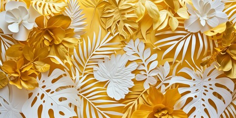 Golden Jungle Dreams: Papercut Style Wallpaper Illustration in Elegant White and Gold Colors