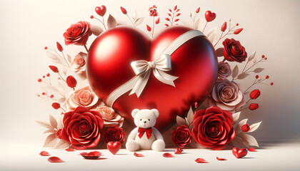  Cœur Rouge, Roses et Ourson en Peluche, idéal pour Saint Valentin, amour , mariage, carte d'invitation