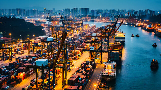 Busy Shipping Harbor: A bustling industrial shipping harbor with cranes, cargo containers, and logistic activities in Singapore, showcasing global trade