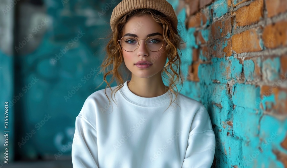 Wall mural young woman wearing a plain white adult white cotton sweatshirt full front view in the style of mode