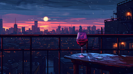 Lo-fi illustration of wine glass on a table in a rooftop at night. City skylineDrinks.