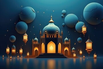 An illustration of an Arab mosque night. 3d composition. Ramadan.