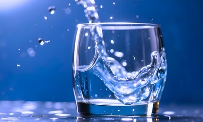 Close up water pouring into glass with water drops on blue background
