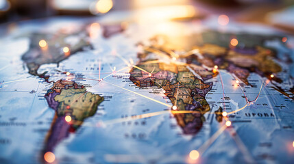 World Map Exploration: Exploring destinations on a world map with a red pushpin, symbolizing travel, geography, and global exploration - obrazy, fototapety, plakaty