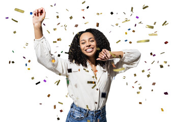 Happy woman with confetti falling everywhere on her isolated transparent PNG, Birthday celebration party or New Year eve celebrating concept - 715577237