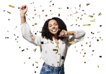 Happy woman with confetti falling everywhere on her isolated transparent PNG, Birthday celebration party or New Year eve celebrating concept