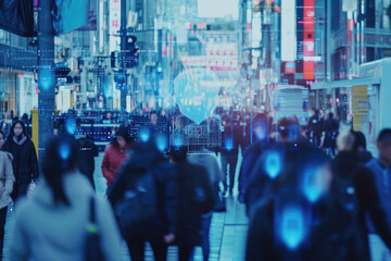 Crowd of tracked with technology walking on a busy city street. CCTV AI Facial recognition big data Analysis Interface Scanning - obrazy, fototapety, plakaty