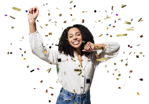 Happy woman with confetti falling everywhere on her isolated transparent PNG, Birthday celebration party or New Year eve celebrating concept