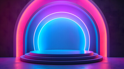 A podium with a neon light background. The podium displays products with neon circles and a smoky effect on a dark background, creating a vibrant neon glow.