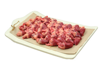 Chicken hearts in board isolated on white background. Raw meat.