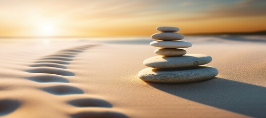 Fototapeta na wymiar Zen stones on sand serene and balanced composition of tranquil stones in a zen garden