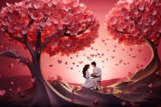 A heart-shaped tree, leaves made of red hearts. A couple in love holding hands. concept for Valentines Day.
