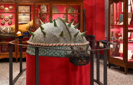 Arles, France, 12 29 2023 : interior of the Museon Arlaten. Exhibition of the Tarasque, a legendary monster of the Rhone River in Tarascon and Beaucaire.