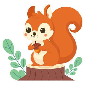 Cute squirrel holding an acorn while sitting on a stump. Vector cartoon illustration
