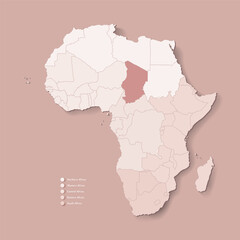 Vector Illustration with African continent with borders of all states and marked country Chad. Political map in brown colors with western, south and etc regions. Beige background