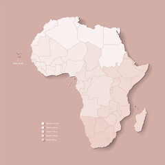 Vector Illustration with African continent with borders of all states and marked country Cape Verde. Political map in camel brown with highlighted Cabo Verde area . Beige background