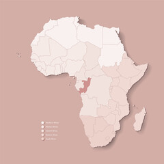 Vector Illustration with African continent with borders of all states and marked country Congo. Political map of Republic of the Congo in brown colors. Beige background