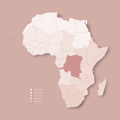 Fototapeta premium Vector Illustration with African continent with borders of all states and marked country Democratic Republic of the Congo. Political map in brown colors. Beige background