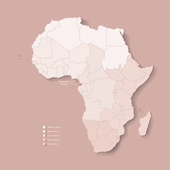 Vector Illustration with African continent with borders of all states and marked country Equatorial Guinea. Political map in brown colors with western, south and etc regions. Beige background
