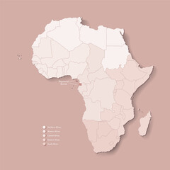 Obraz premium Vector Illustration with African continent with borders of all states and marked country Equatorial Guinea. Political map in brown colors with western, south and etc regions. Beige background