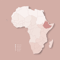 Obraz premium Vector Illustration with African continent with borders of all states and marked country Ethiopia. Political map in brown colors with western, south and etc regions. Beige background