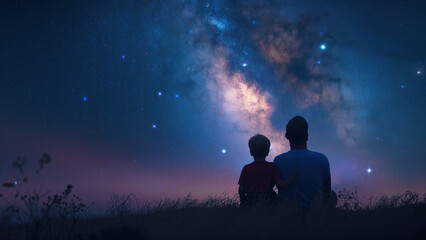Stargazing Together: A Father and Son’s Cosmic Journey - obrazy, fototapety, plakaty