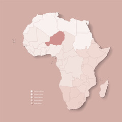 Fototapeta na wymiar Vector Illustration with African continent with borders of all states and marked country Niger. Political map in brown colors with western, south and etc regions. Beige background