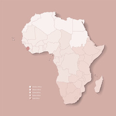 Fototapeta na wymiar Vector Illustration with African continent with borders of all states and marked country Sierra Leone. Political map in brown colors with western, south and etc regions. Beige background