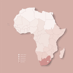 Vector Illustration with African continent with borders of all states and marked country South Africa. Political map in brown colors with western, south and etc regions. Beige background