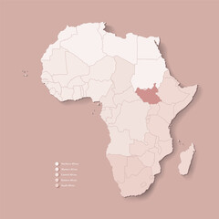 Vector Illustration with African continent with borders of all states and marked country South Sudan. Political map in brown colors with western, south and etc regions. Beige background