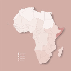 Vector Illustration with African continent with borders of all states and marked country Somalia. Political map in brown colors with western, south and etc regions. Beige background