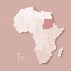 Vector Illustration with African continent with borders of all states and marked country Republic of the Sudan. Political map in brown colors with western, south and etc regions. Beige background