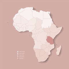 Vector Illustration with African continent with borders of all states and marked country Tanzania. Political map in brown colors with western, south and etc regions. Beige background