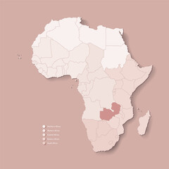 Vector Illustration with African continent with borders of all states and marked country Zambia. Political map in brown colors with western, south and etc regions. Beige background