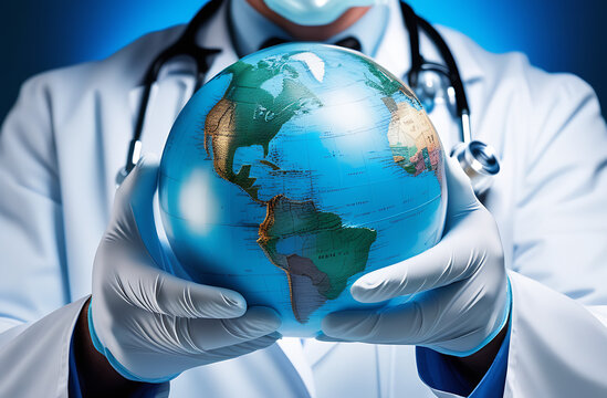 a doctor in a white coat and gloves holds a blue planet globe in his hands close-up