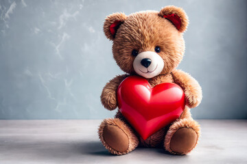 A teddy bear holds a red heart in his hands on a background of flowers as a gift for Valentine's Day, mother's Day, wedding, birthday.  - obrazy, fototapety, plakaty