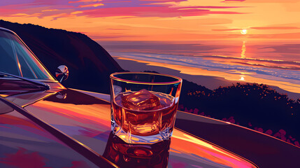 Lo-fi illustration of whisky glass on the rocks on the hood of an old classic car by a hillside. Sunset Drinks. - obrazy, fototapety, plakaty