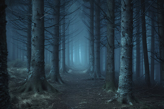 Eerie blue forest with tall trees and a narrow path leading into the mist