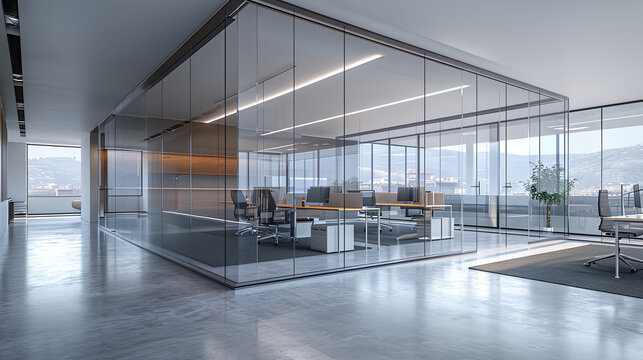 Modern contemporary co-working office interior with copy space. Glass partitioned office in skyscraper building

