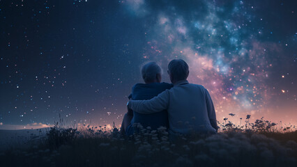 Obraz premium Starry Love: An Elderly Couple’s Tranquil Night Under the Stars