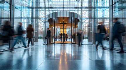 People at office building's entrance during rush hours. Motion blur. - obrazy, fototapety, plakaty