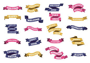 Ribbon banner with text. Antique curled stripes for card design, vintage simple badge with text. Vector invitation decorative element design